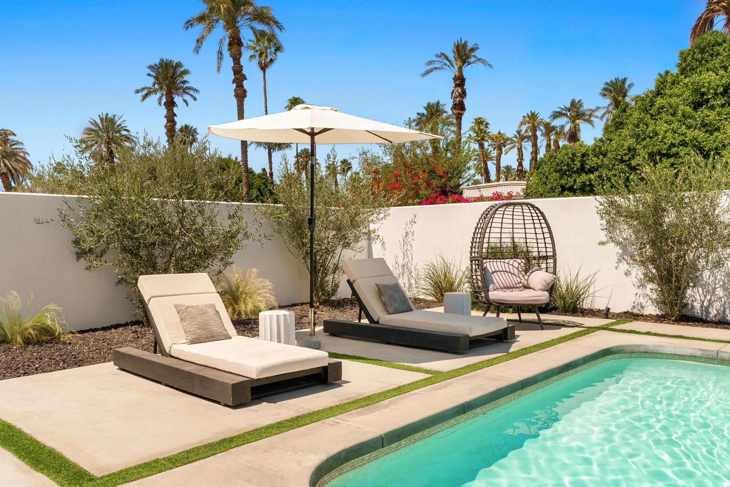 Loungers under a canvas parasol beside a hanging rattan egg chair, olive trees along a white wall and the pool edge in the foreground