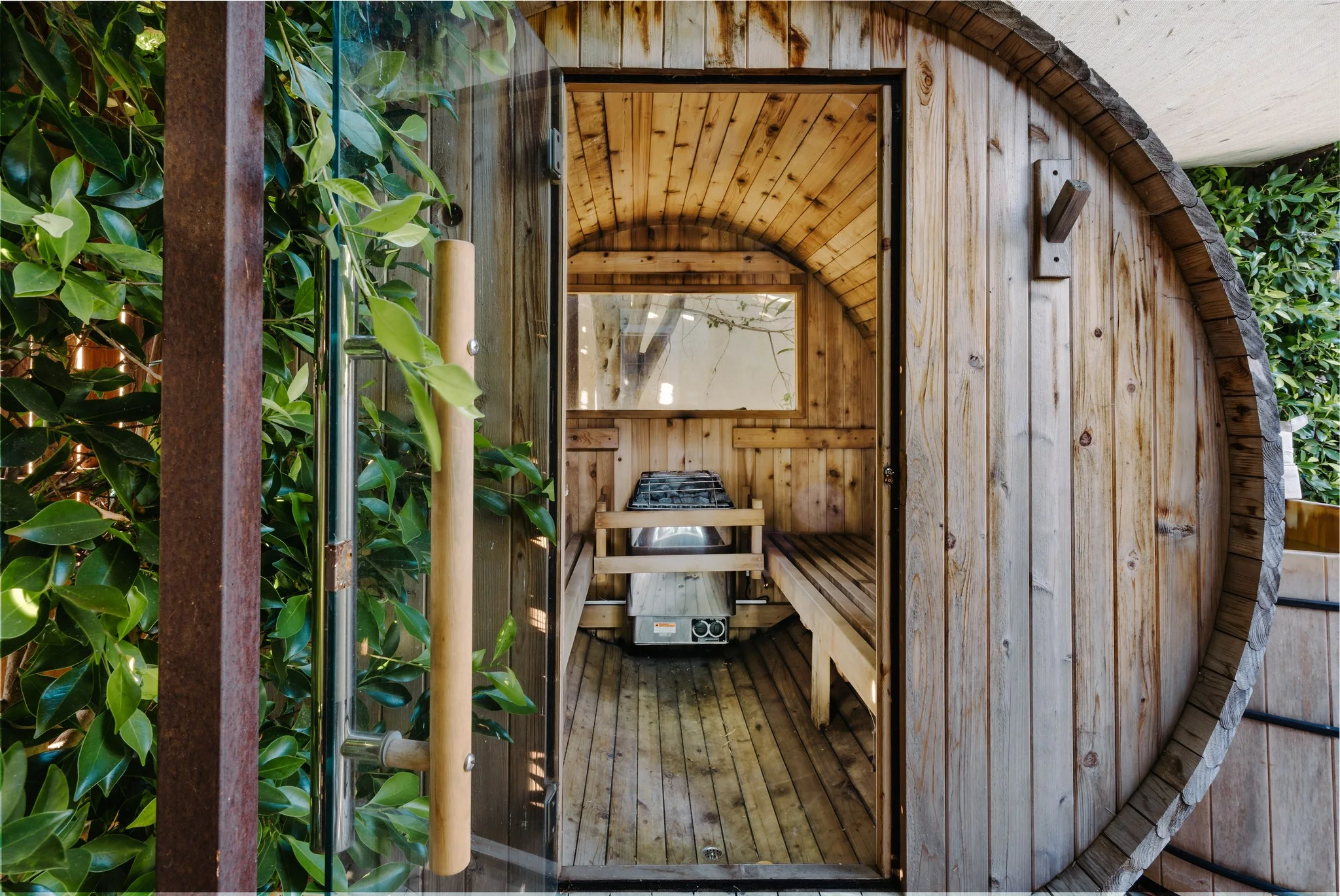 Cedar barrel sauna in the garden, its door open on a slatted bench, climbing greenery either side