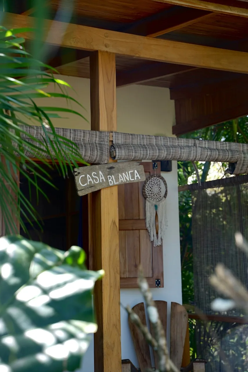 A hand-painted Casa Blanca sign on weathered board, palm fronds across the frame