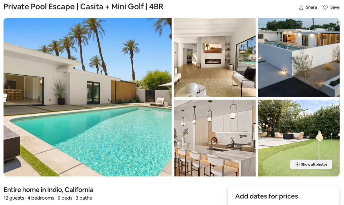 Airbnb listing for a private pool escape with casita and mini golf in Indio, California