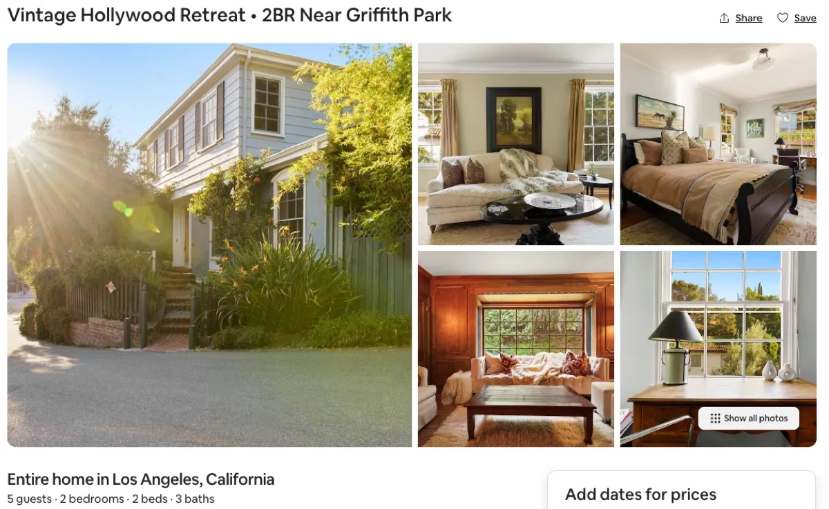 Airbnb listing for a vintage Hollywood retreat near Griffith Park, Los Angeles