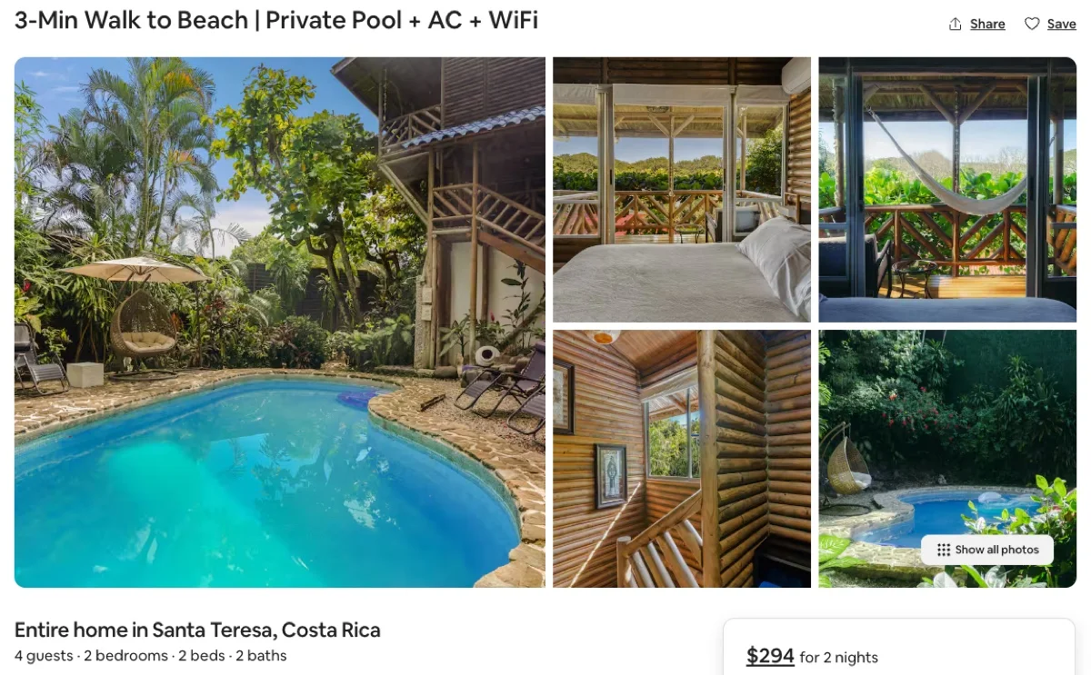 Airbnb listing for a home three minutes from the beach with a private pool in Santa Teresa, Costa Rica