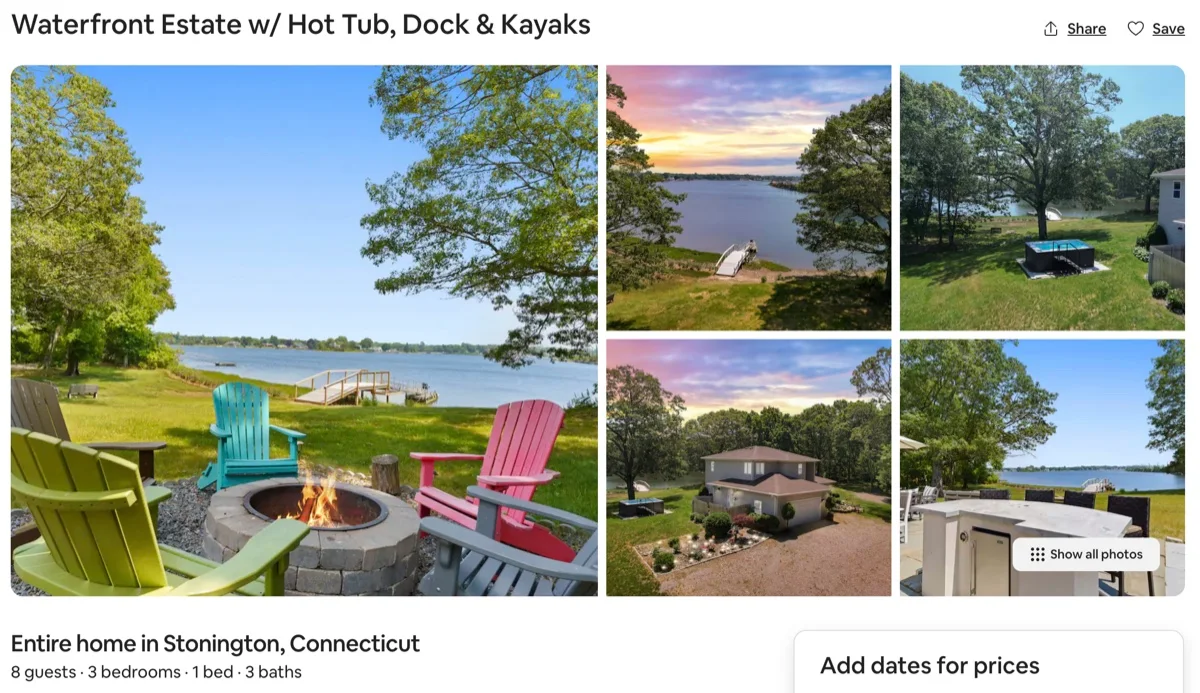 Airbnb listing for a waterfront estate with hot tub, dock and kayaks in Stonington, Connecticut